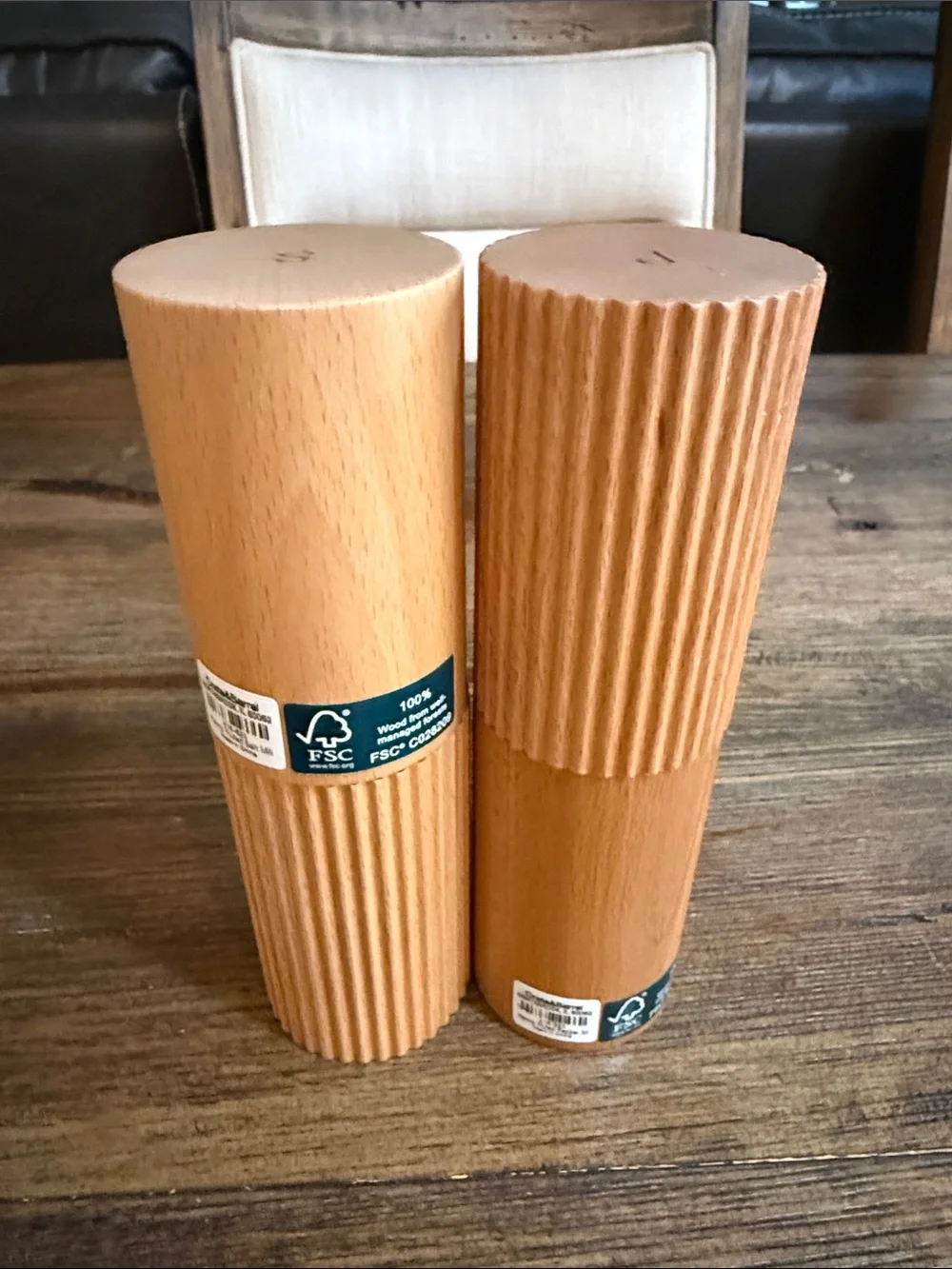 Crate&Barrel Ribbed Hanno fluted Natural Wood Salt & Pepper Mills - Tan